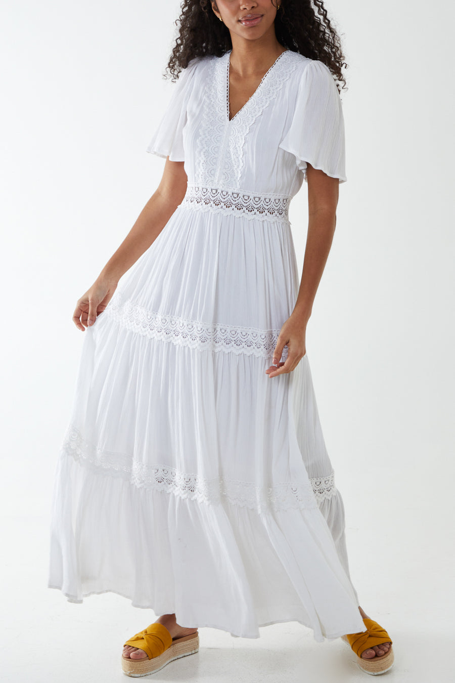 Angel Sleeve Lace Tiered Maxi Dress
