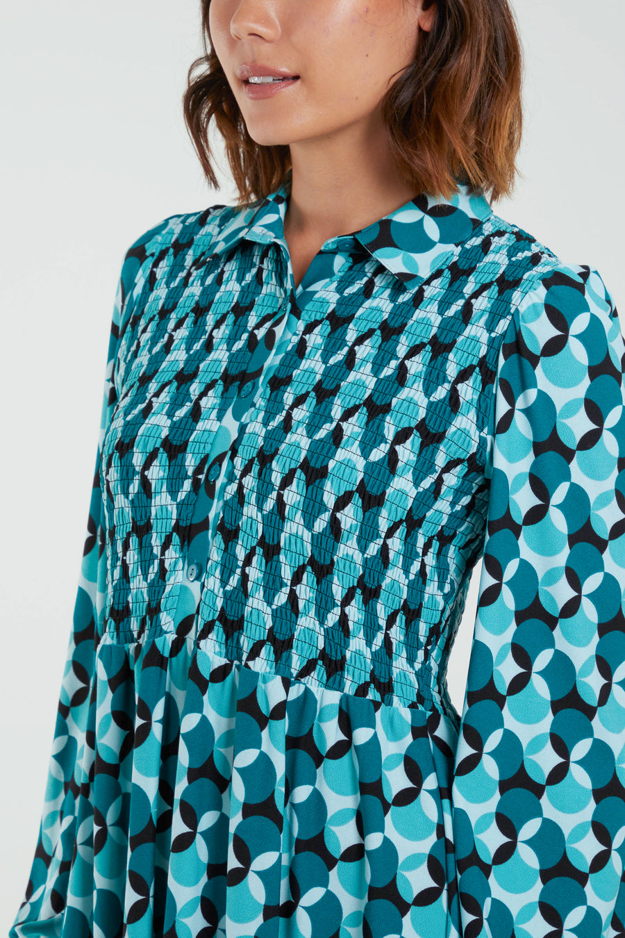 Geometric Print Shirred Bust Shirt Dress