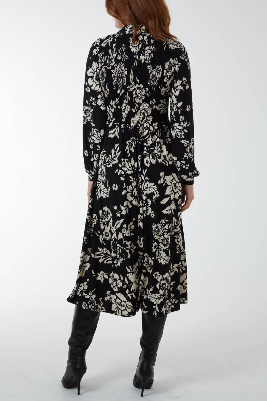 Shirred Waist Long Sleeve Midi Shirt Dress