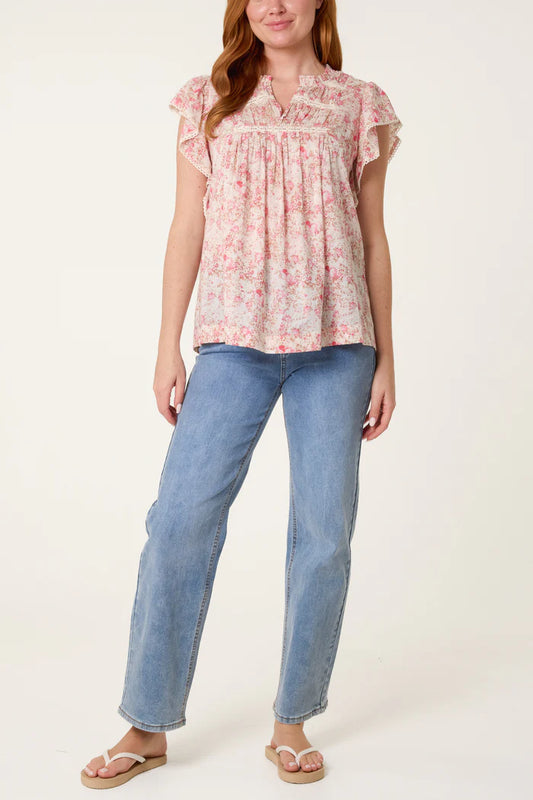 Boho Cotton Ruffle & Lace Sleeve Top