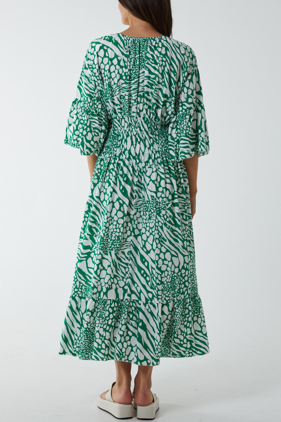 V Neck Shirred Abstract Print Dress