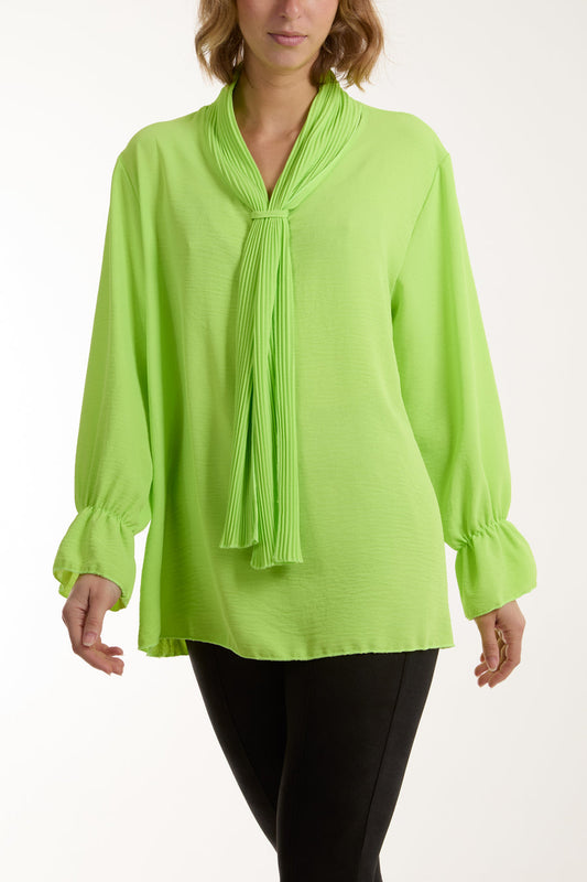 Pleated Tie Neck Bell Sleeve Blouse