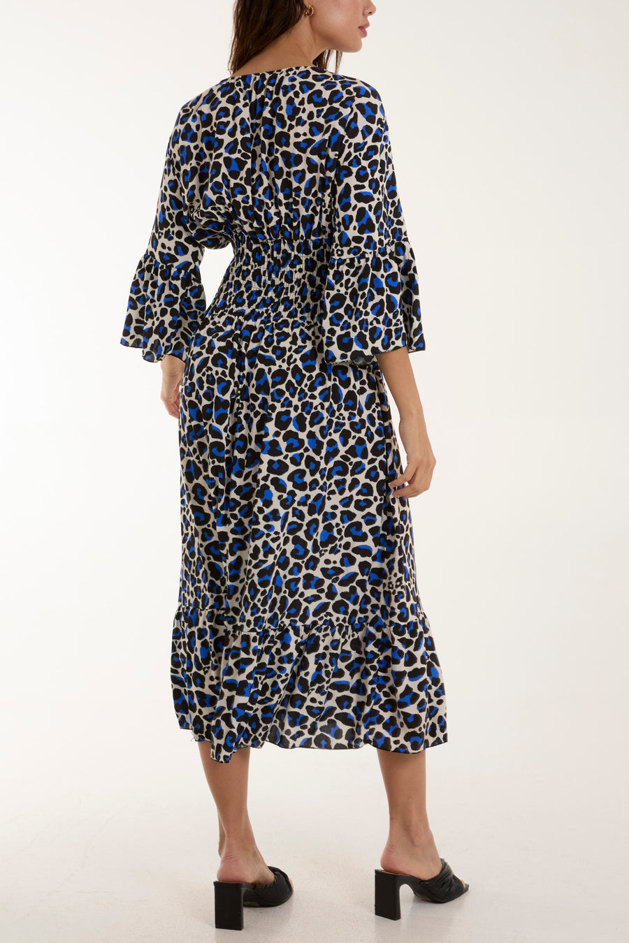 Leopard Print Shirred Waist Midi Dress