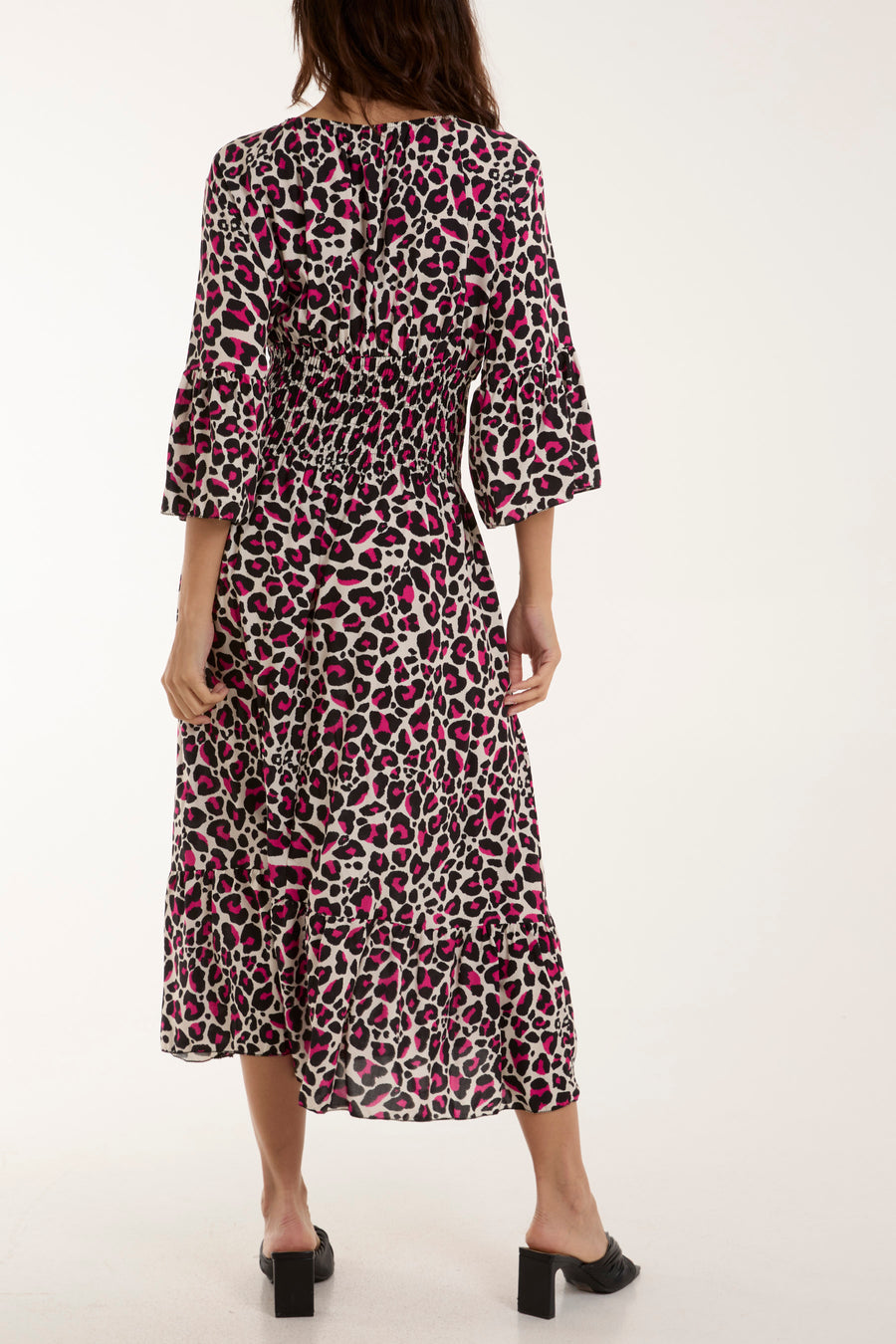 Leopard Print Shirred Waist Midi Dress
