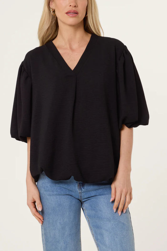 V Neck Puffed Sleeve Blouse