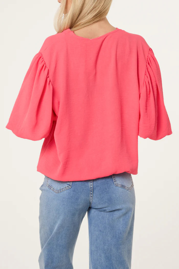 V Neck Puffed Sleeve Blouse