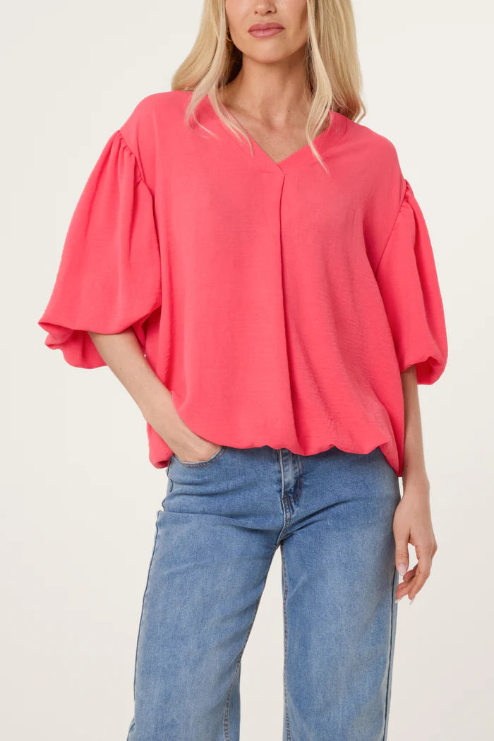 V Neck Puffed Sleeve Blouse