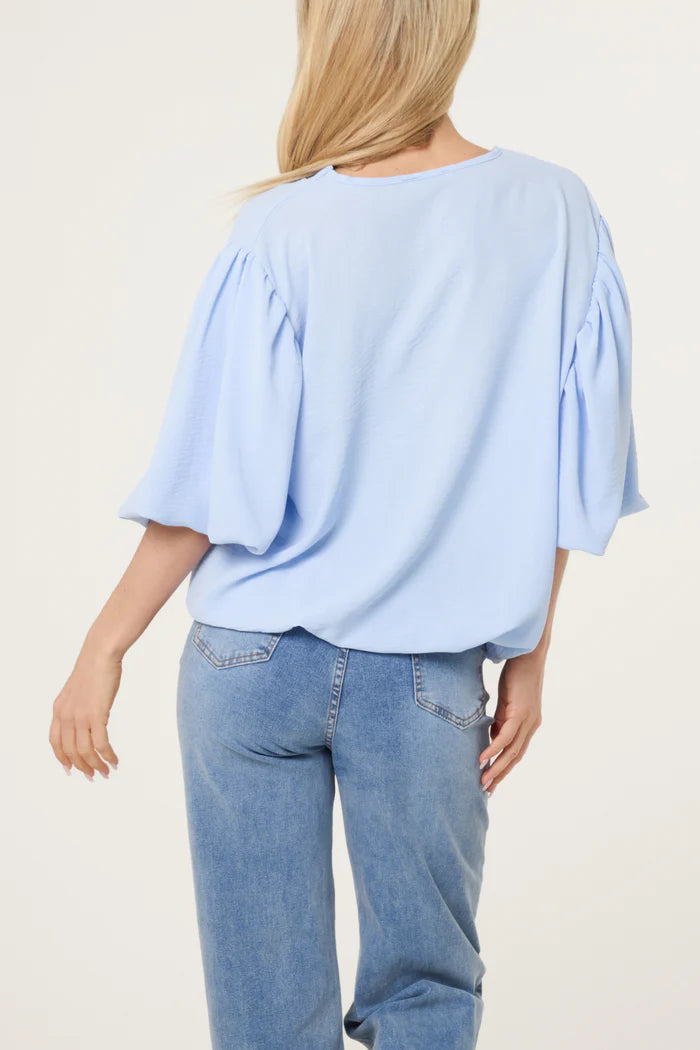 V Neck Puffed Sleeve Blouse