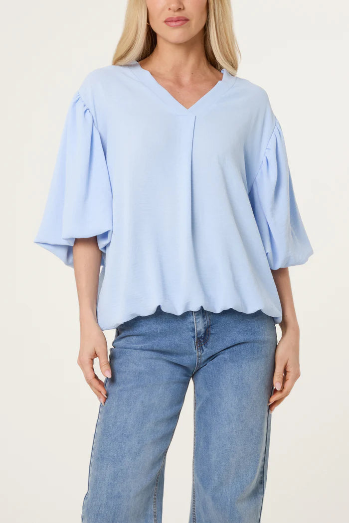 V Neck Puffed Sleeve Blouse