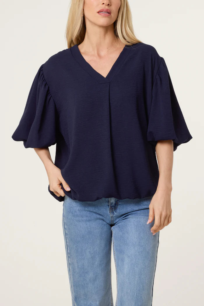 V Neck Puffed Sleeve Blouse
