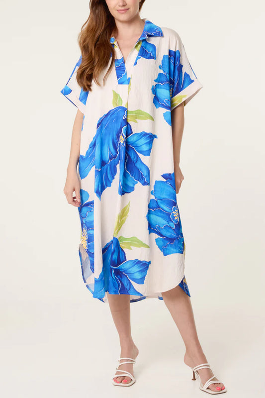 Bold Flower Collar Pockets Midi Dress