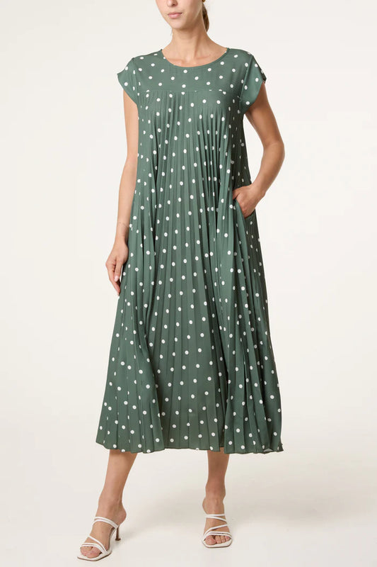 Polka Dot Cap Sleeve Pleated Dress