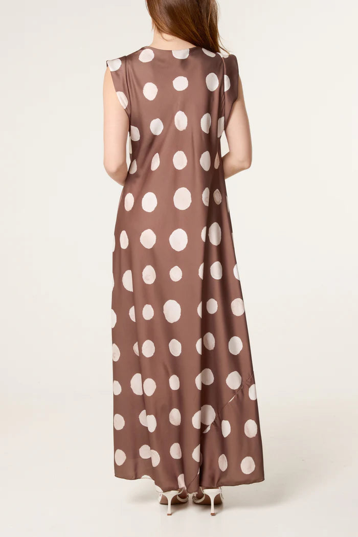 Cowl Neck Polka Dot Satin Maxi Dress