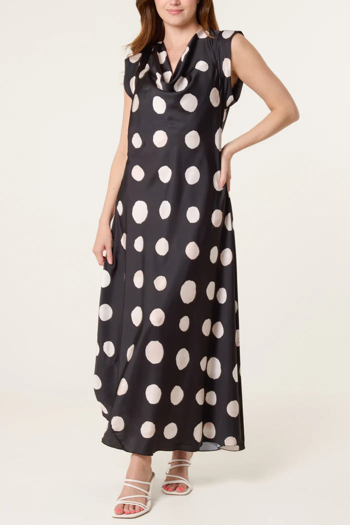 Cowl Neck Polka Dot Satin Maxi Dress
