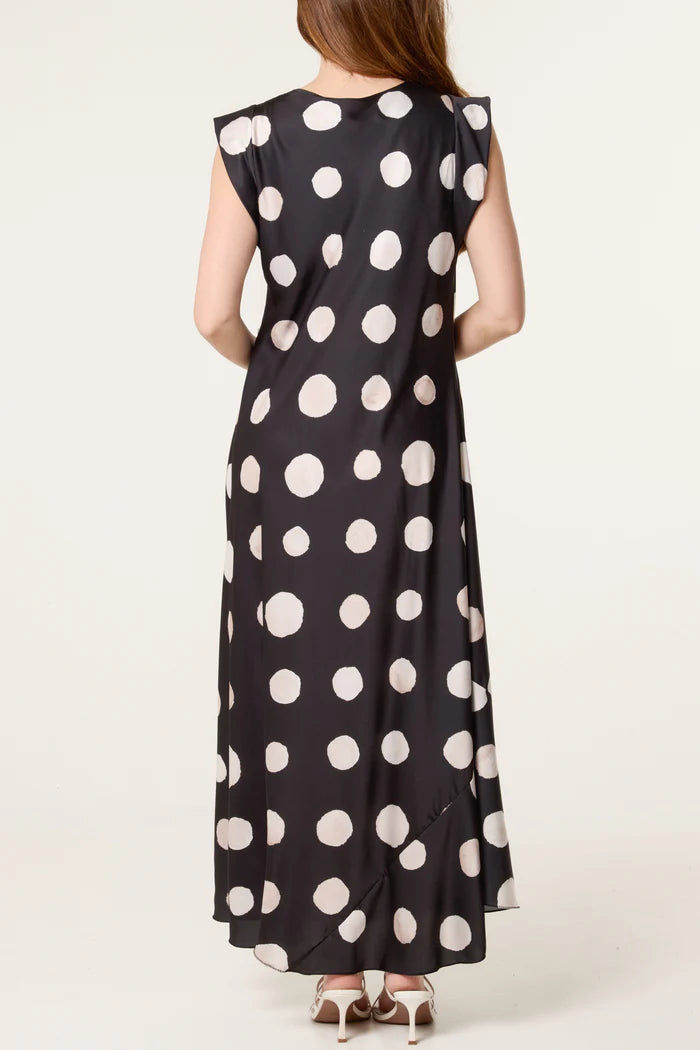 Cowl Neck Polka Dot Satin Maxi Dress