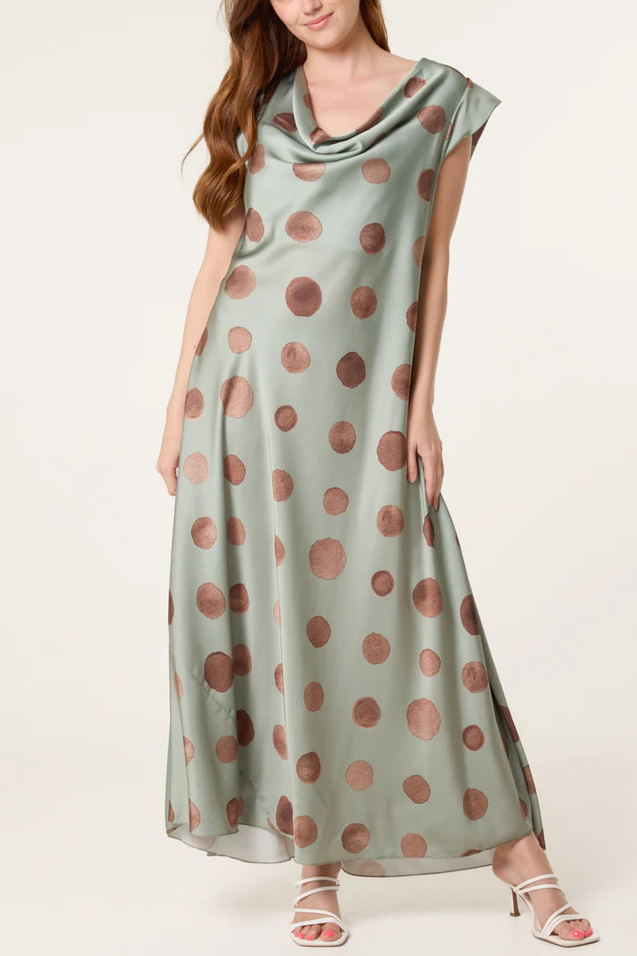 Cowl Neck Polka Dot Satin Maxi Dress