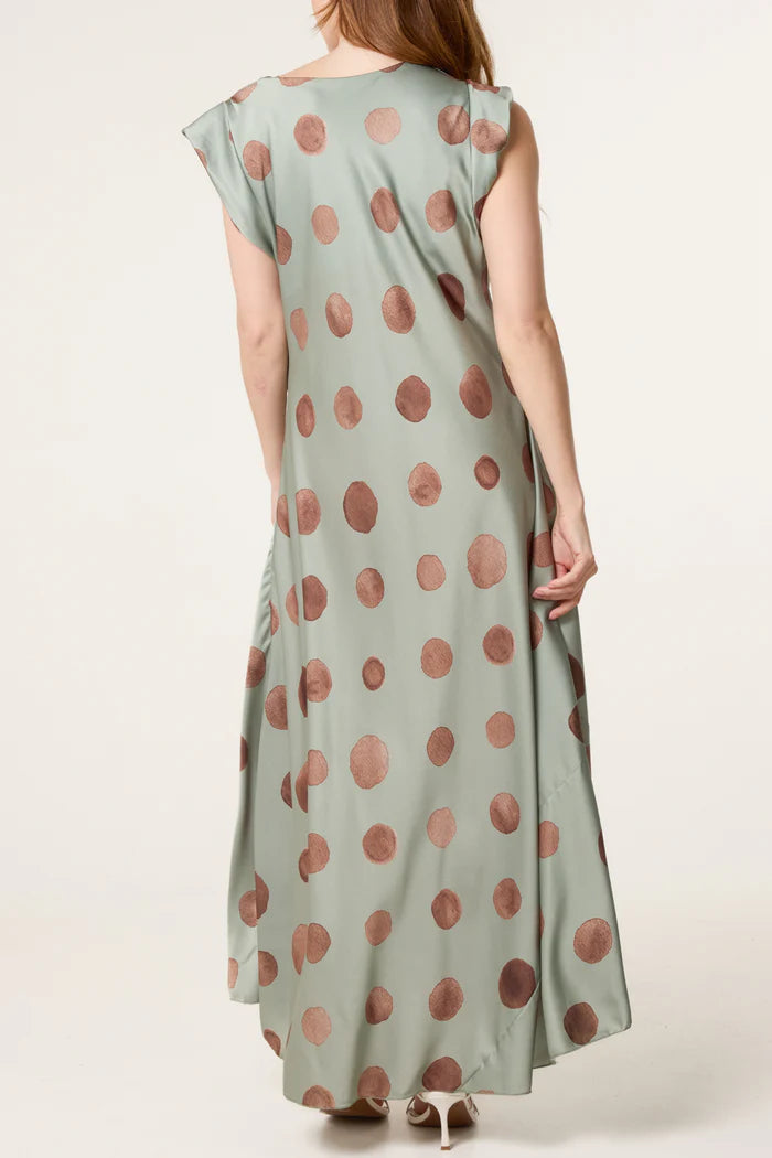 Cowl Neck Polka Dot Satin Maxi Dress