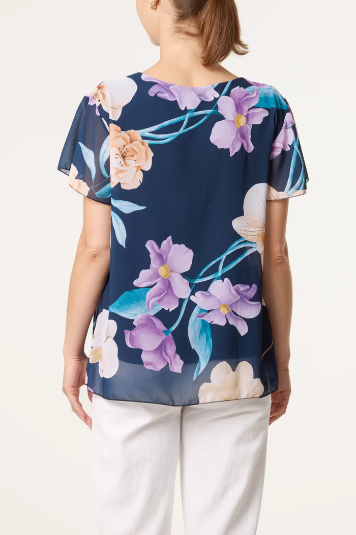 Floral Plisse Short Sleeve Blouse
