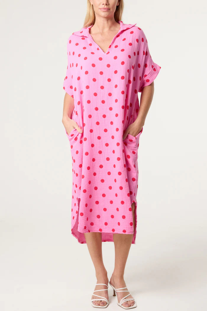 Collar Polka dot Cotton Midi Dress