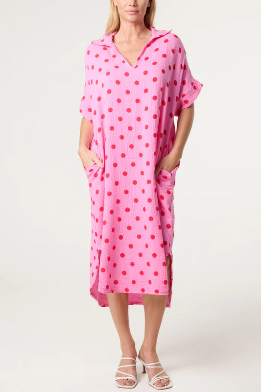 Collar Polka dot Cotton Midi Dress