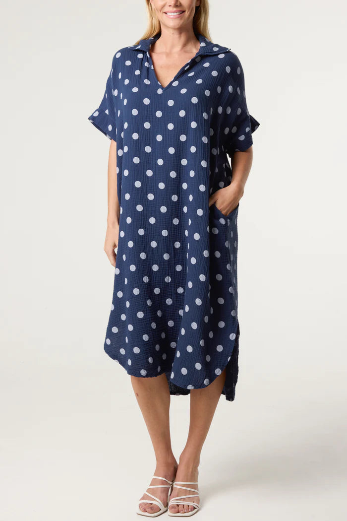 Collar Polka dot Cotton Midi Dress