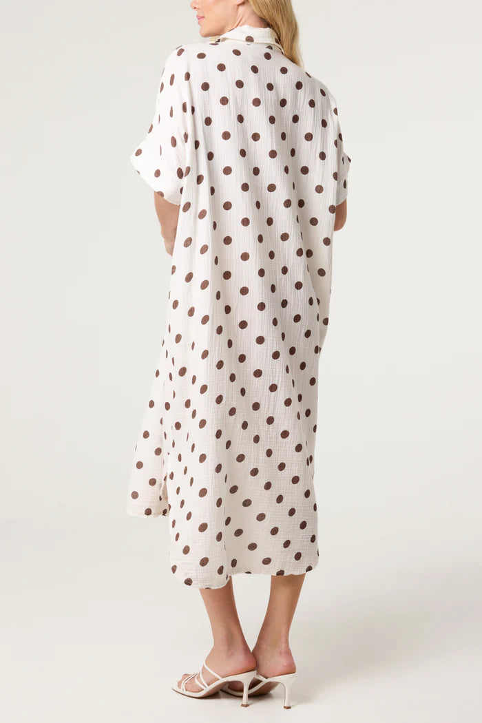 Collar Polka dot Cotton Midi Dress