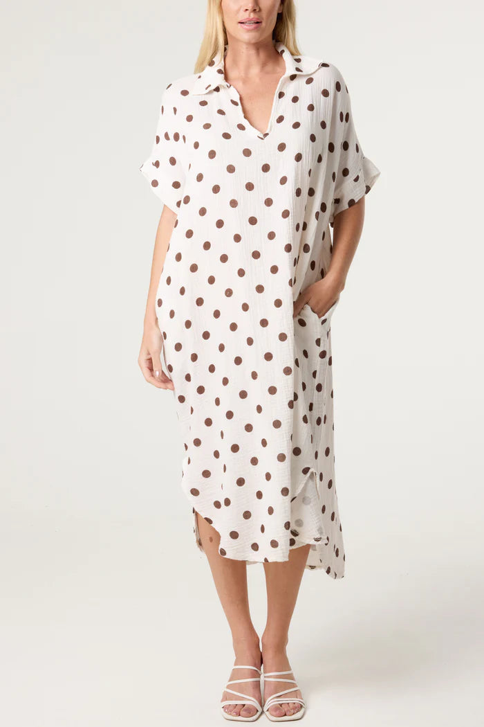 Collar Polka dot Cotton Midi Dress