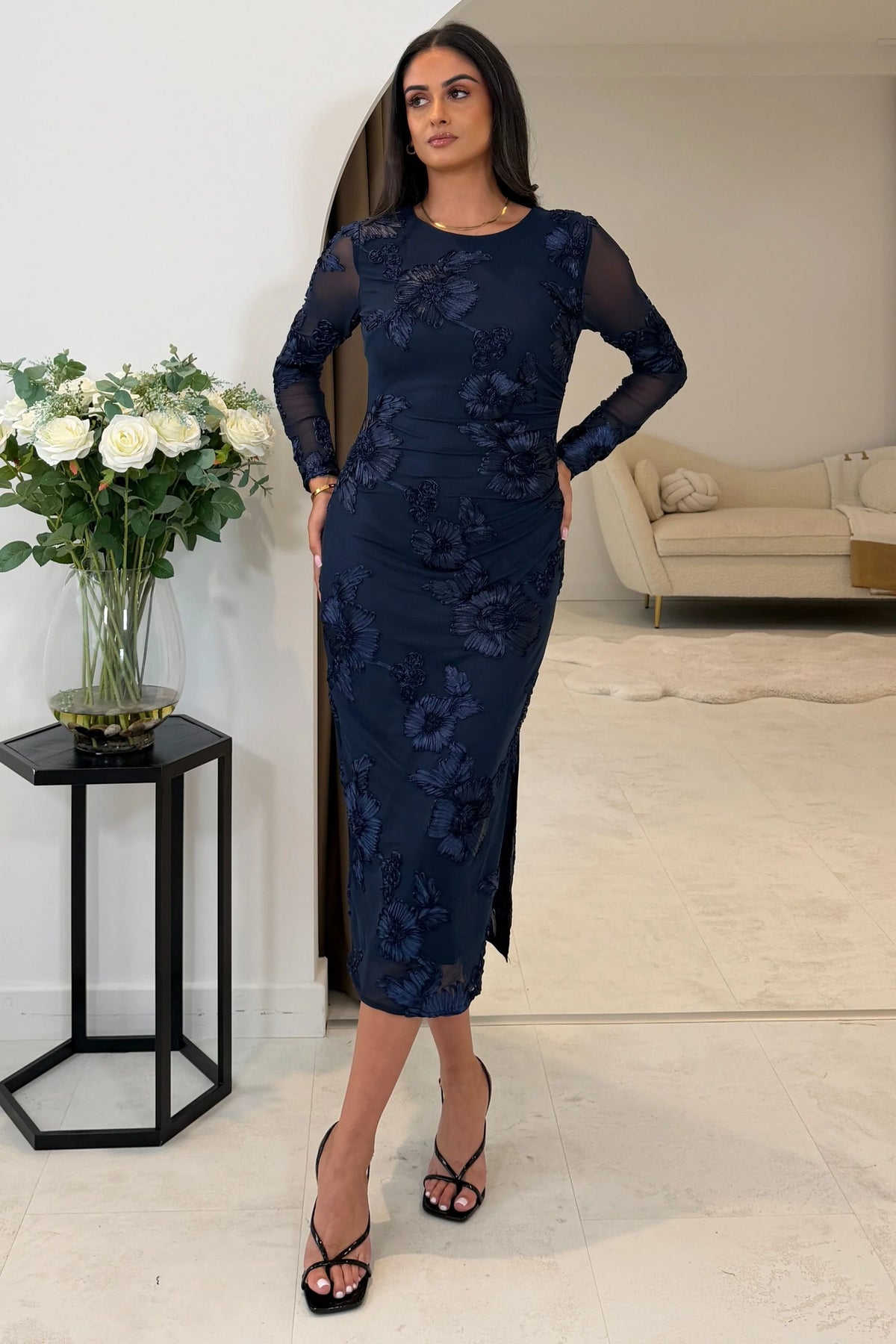 Girl In Mind Elodie Floral Embroidered Mesh Bodycon Dress Midi Navy