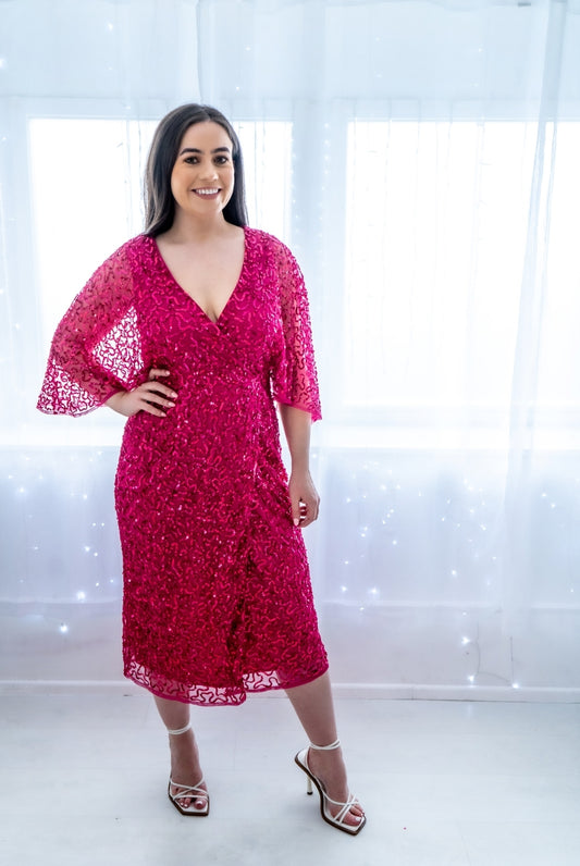 Maya Fuchsia Fully Embellished Faux Wrap Midi Dress