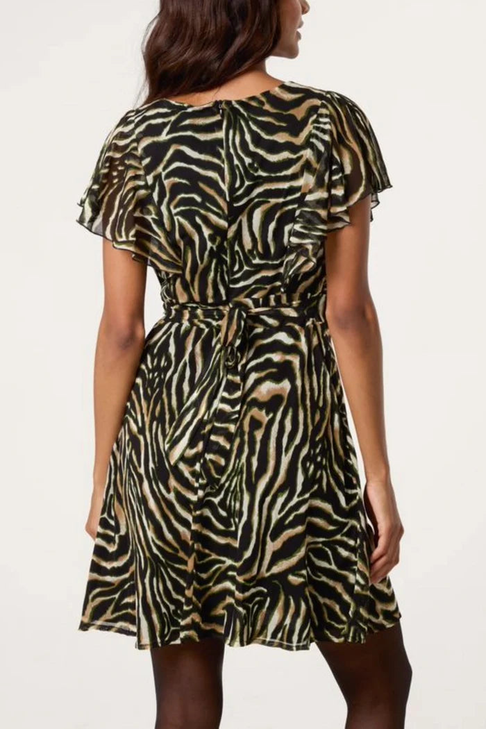 Zebra Print Flutter Sleeve Mini Dress