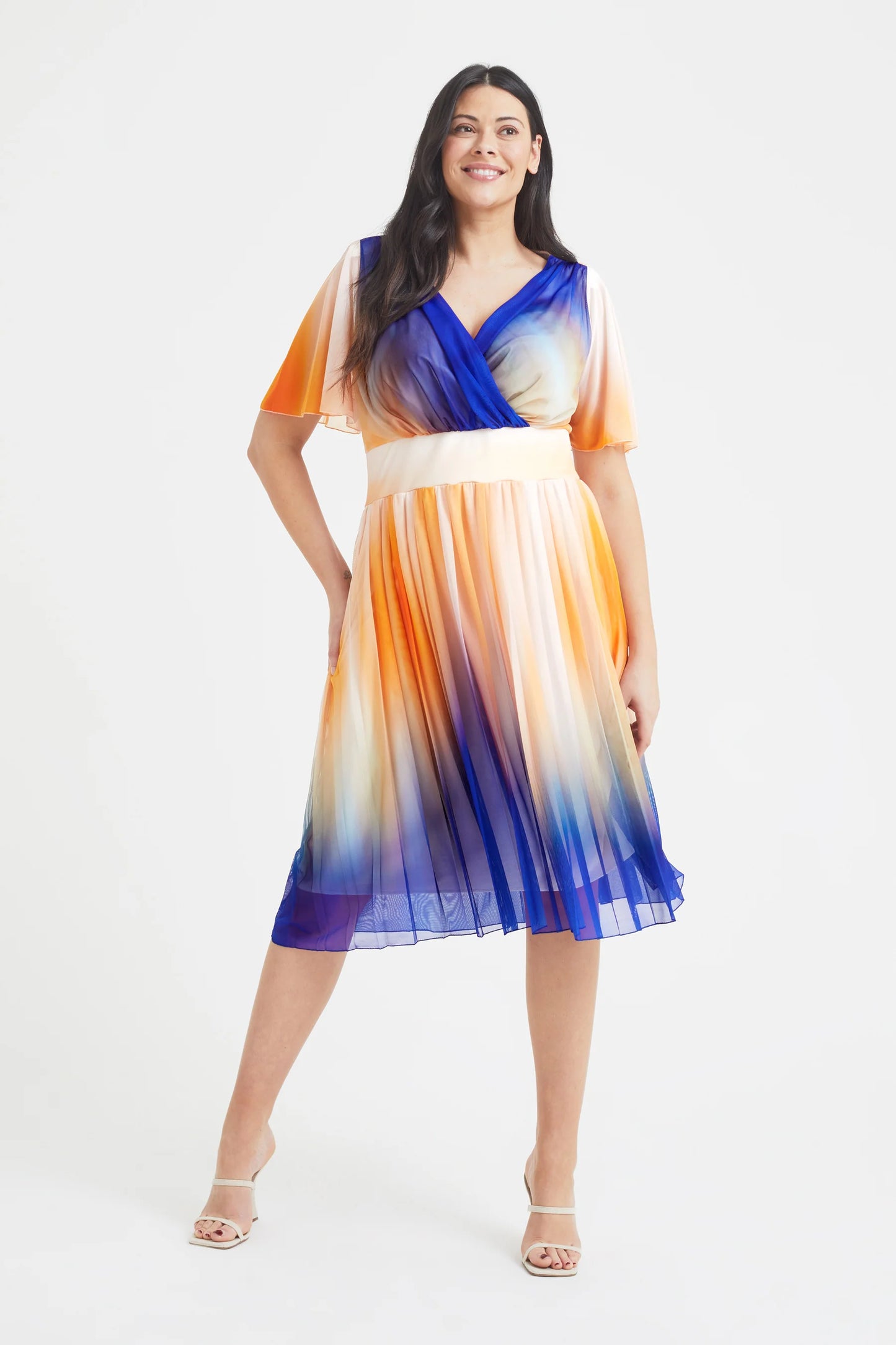 Scarlett & Jo Cleo Orange Blue Pleated Midi Dress