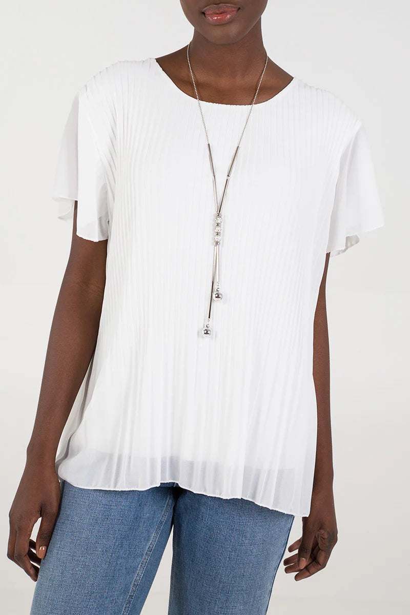 Short Sleeve Pleated Top with Necklace