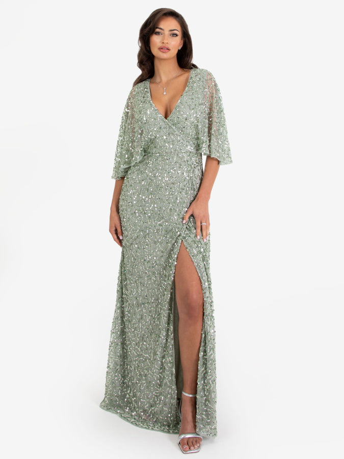 Maya Sage Green Fully Embellished Faux Wrap Maxi Dress