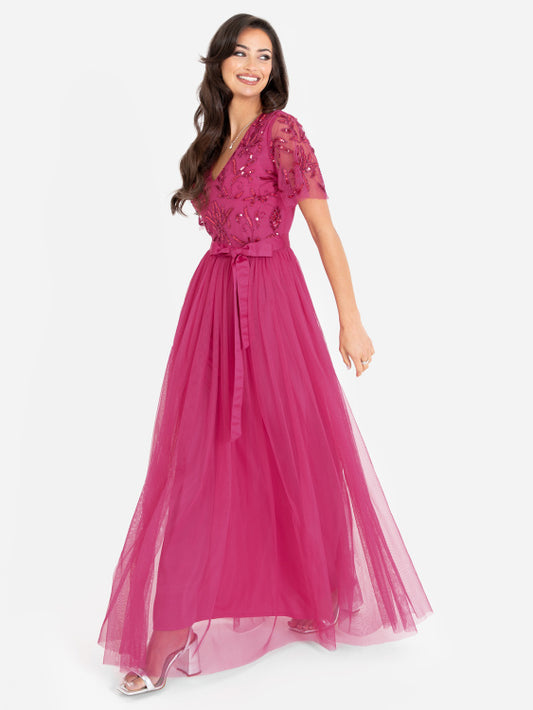 Maya Fuchsia Floral Embellished Maxi Dress With Belt