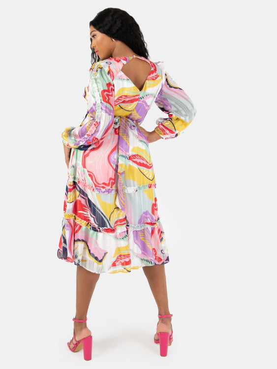 Lovedrobe Multi Printed Long Sleeve Midi Dress