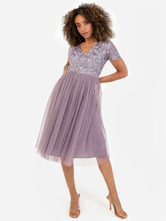 Maya Moody Lilac V Neck Embellished Midi Dress