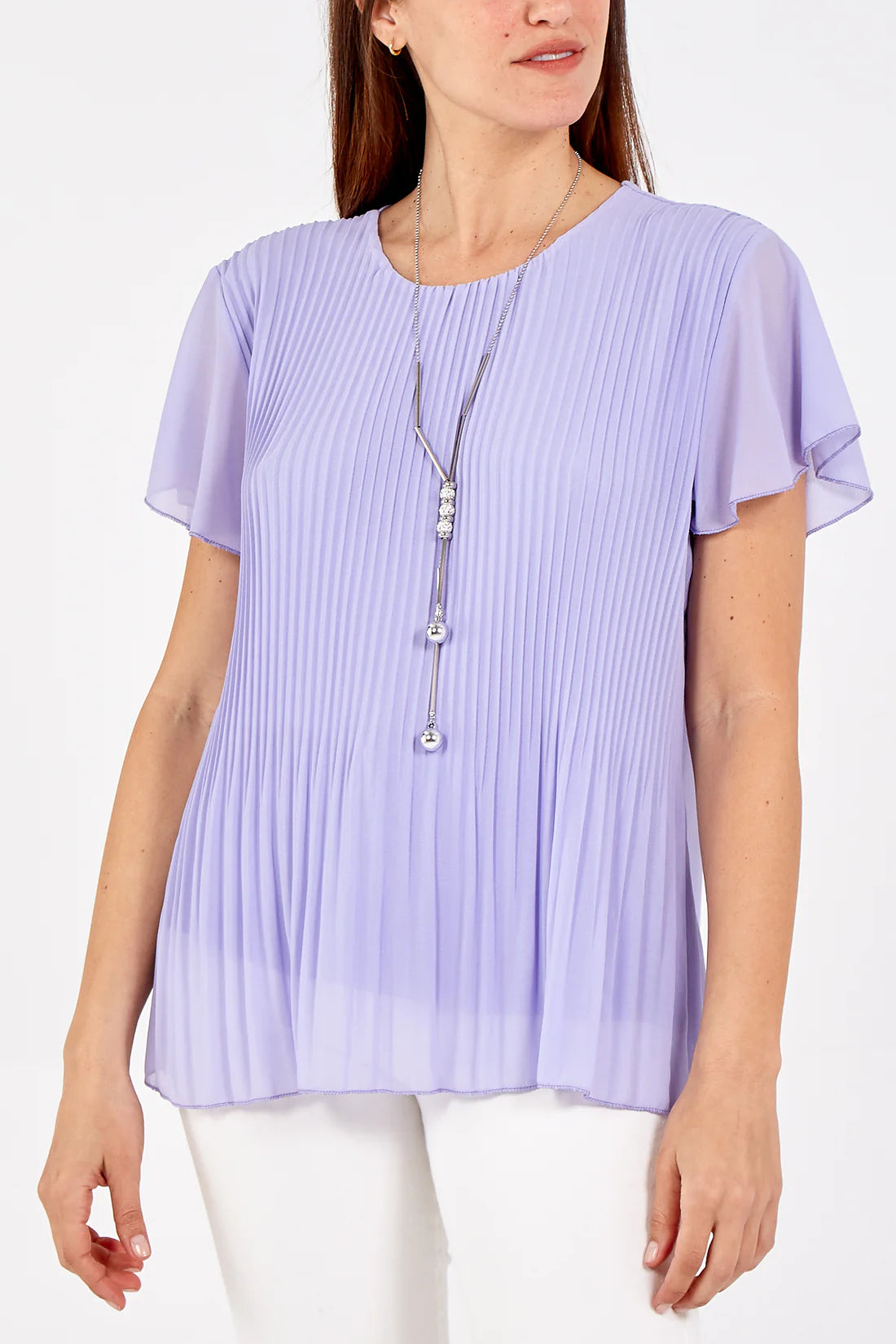 Short Sleeve Pleated Top with Necklace