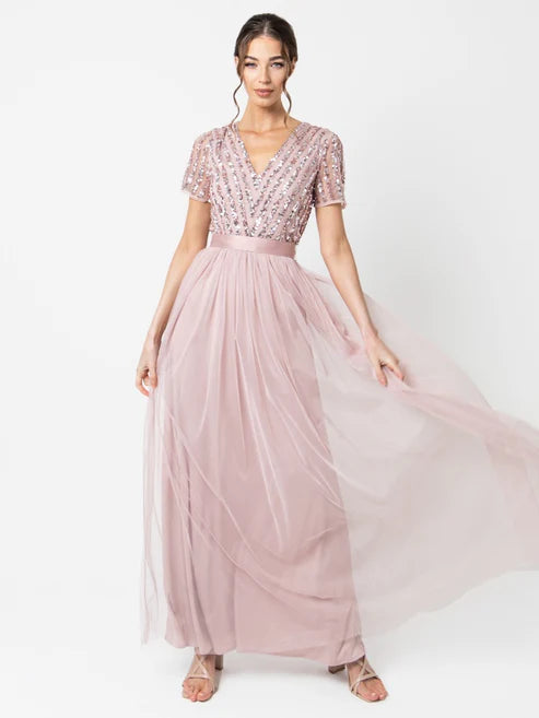 Maya Frosted Pink Stripe Embellished Maxi Dress
