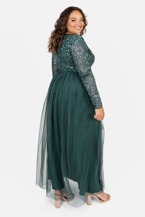 Maya Emerald V Neck Embellished Long Sleeve Maxi Dress