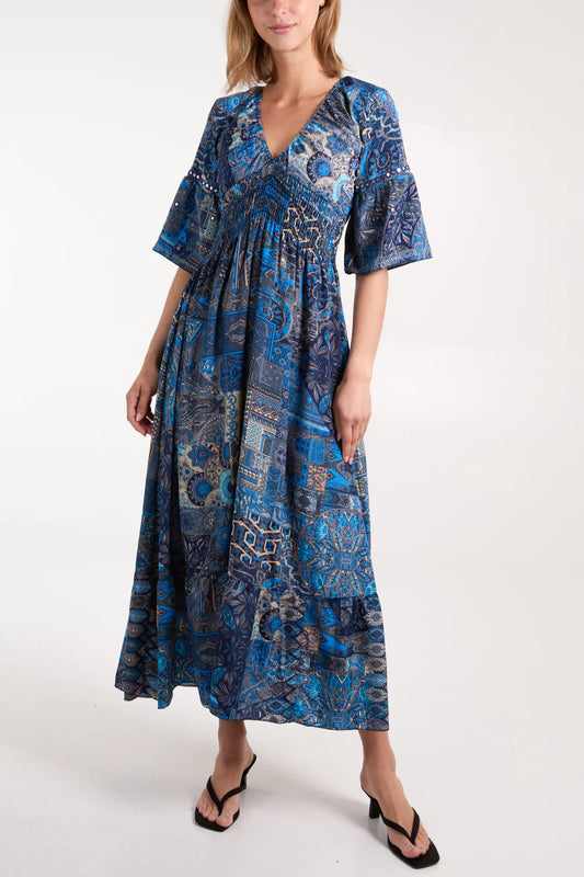 Shirred V Neck Blue Pattern Silk Dress