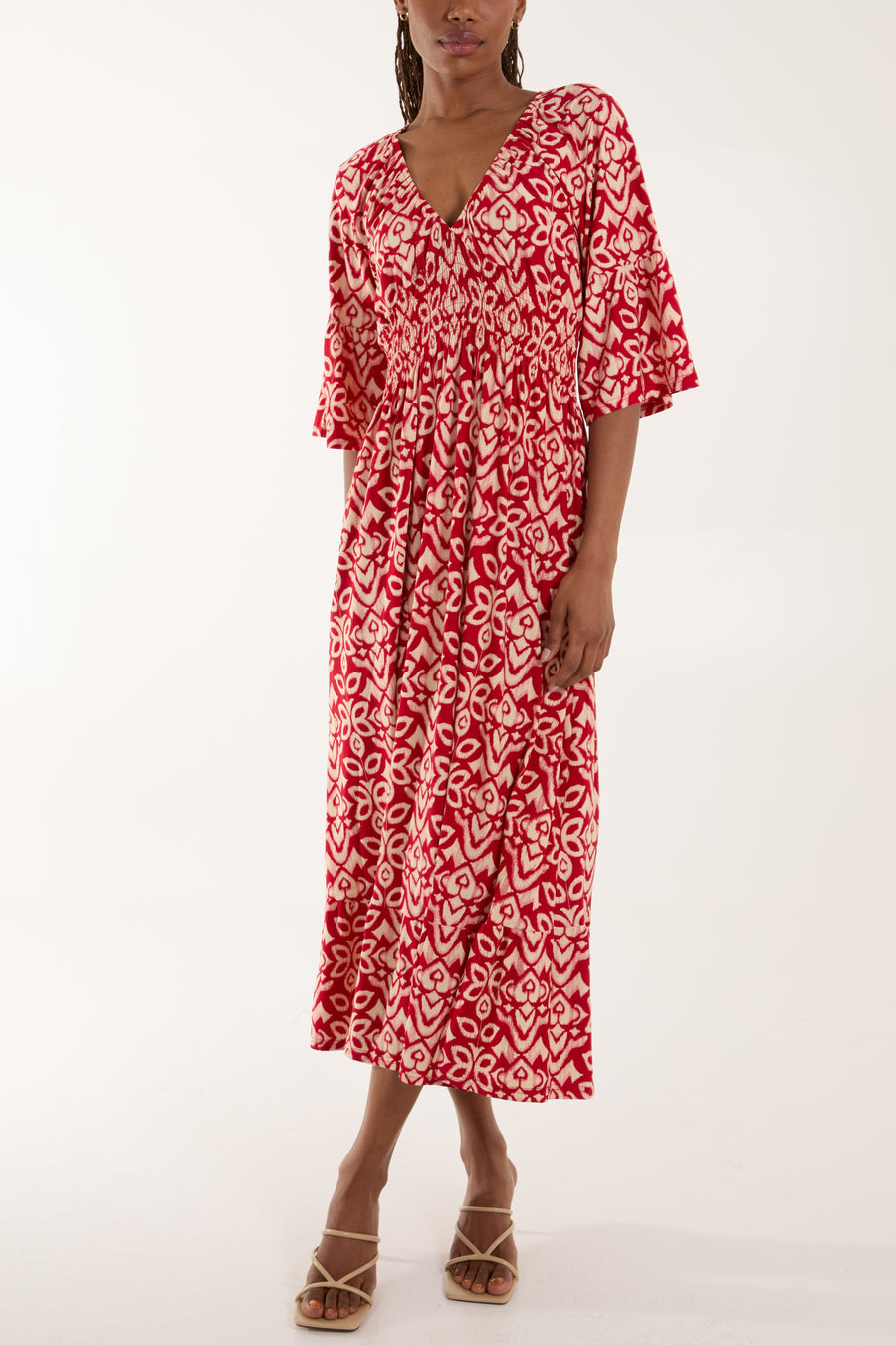 Ikat Print Shirred Waist Midi Dress