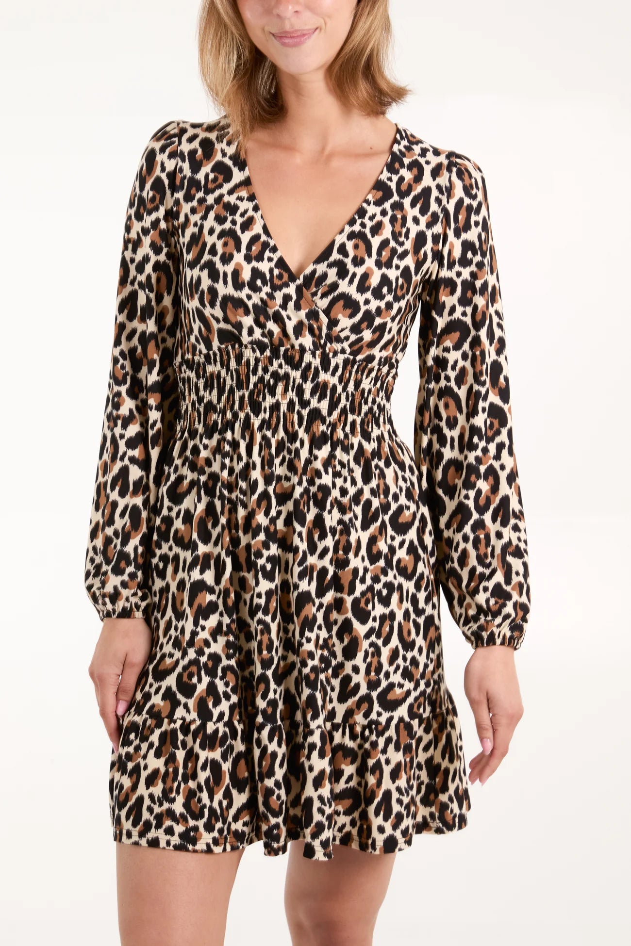 Animal Print V-Neck Shirred Mini Dress