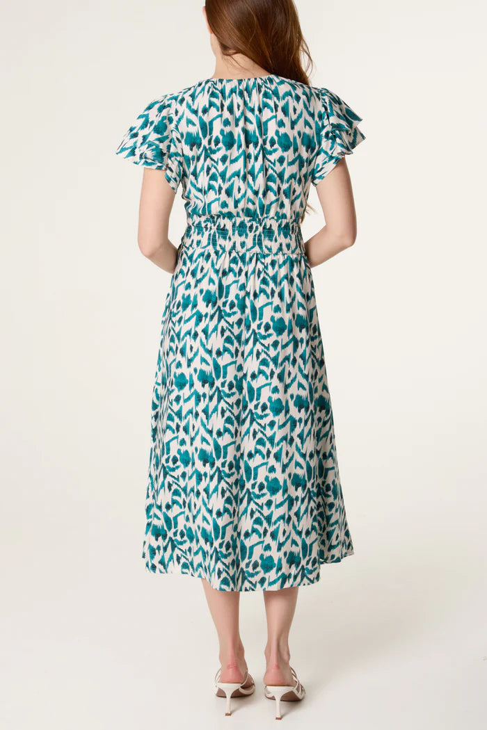 Ikat Print Shirred V Neck Dress