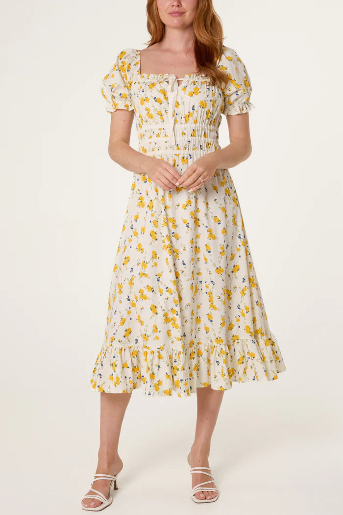 Ditsy Floral Poplin Milkmaid Midi Dress