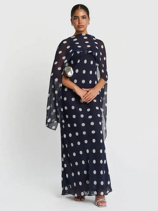 Needs No Label, Navy Spot Chiffon Cape Maxi Dress