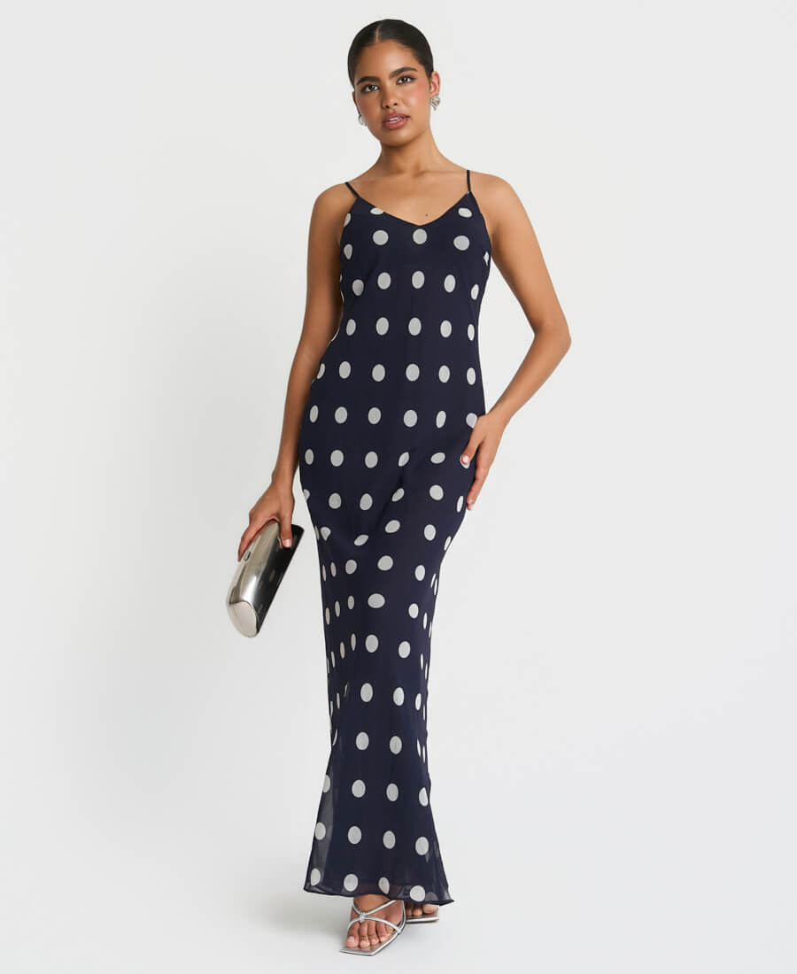 Needs No Label, Navy Spot Chiffon Cape Maxi Dress