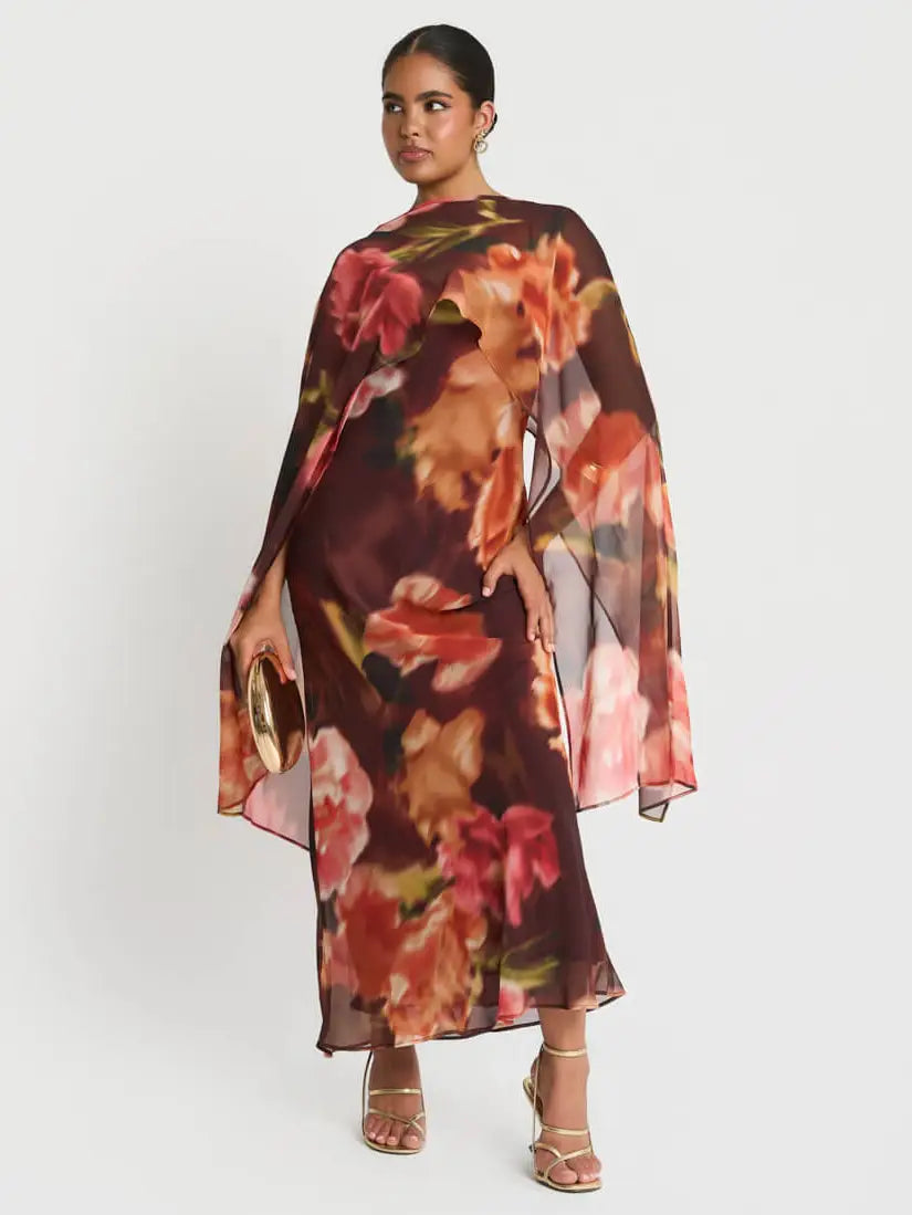 Needs No Label, Brown Floral Chiffon Cape Maxi Dress