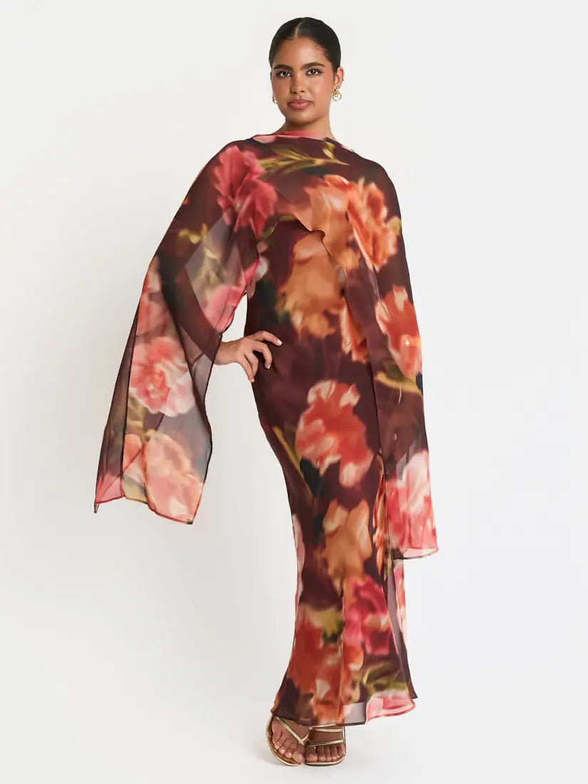 Needs No Label, Brown Floral Chiffon Cape Maxi Dress