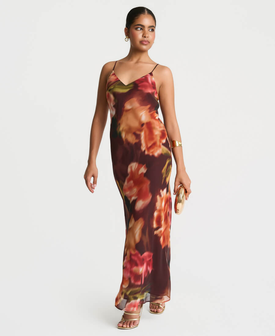 Needs No Label, Brown Floral Chiffon Cape Maxi Dress