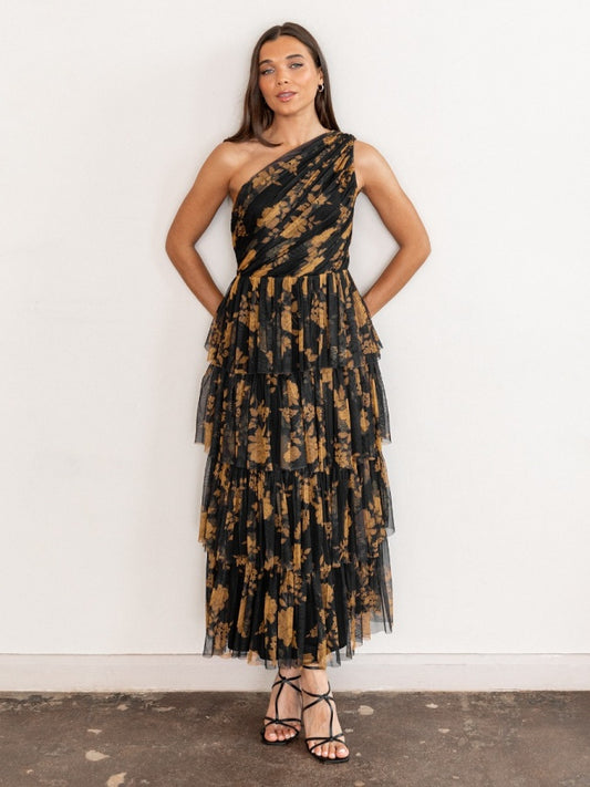 Anaya Floral One Shoulder Tiered Midi Dress